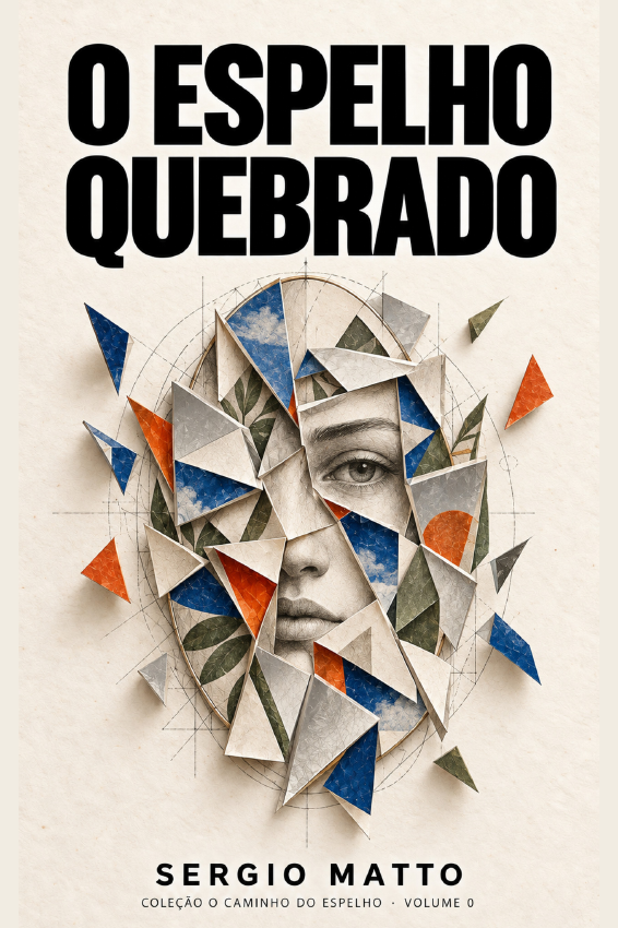 Capa de O Espelho Quebrado, de Sergio Matto: um rosto formado por fragmentos de espelho